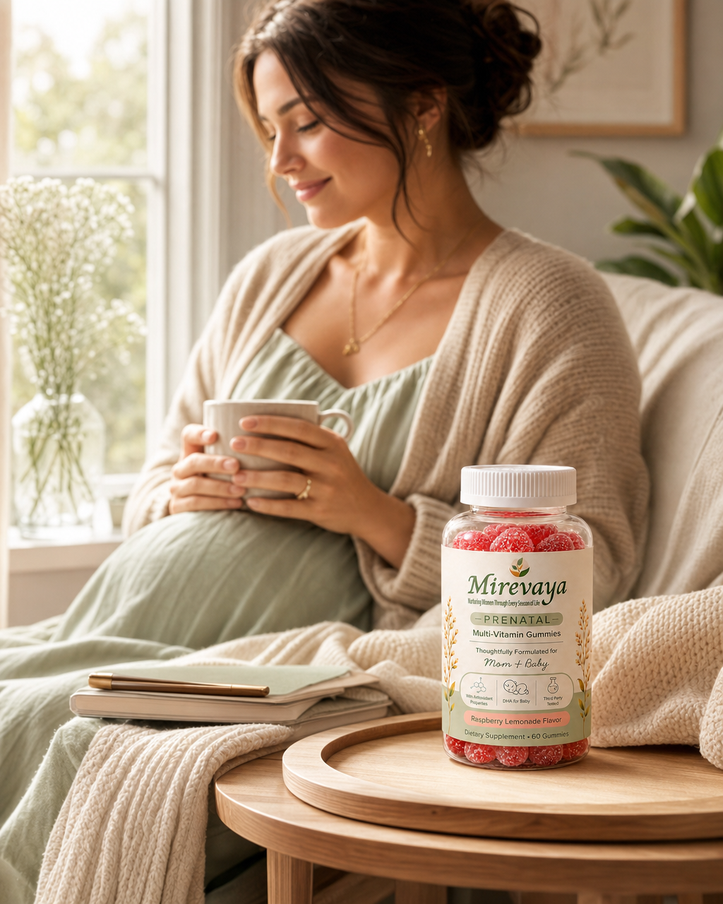 Pregnant woman holding a warm drink with Mirevaya prenatal gummies nearby