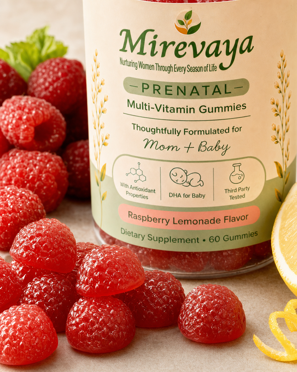 Close-up of raspberry lemonade gummies beside a Mirevaya prenatal gummies bottle