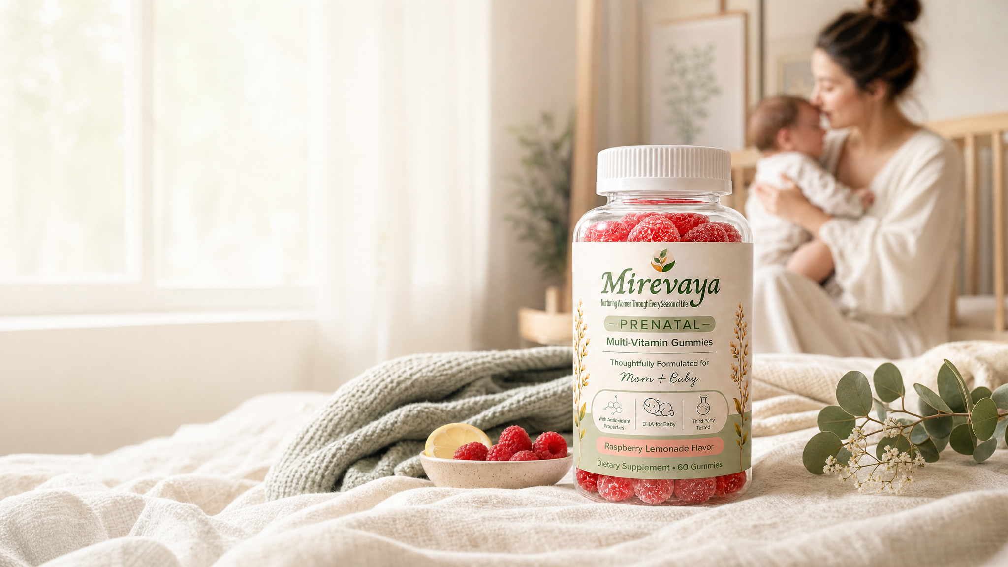 Mirevaya prenatal gummies bottle in a soft morning motherhood scene