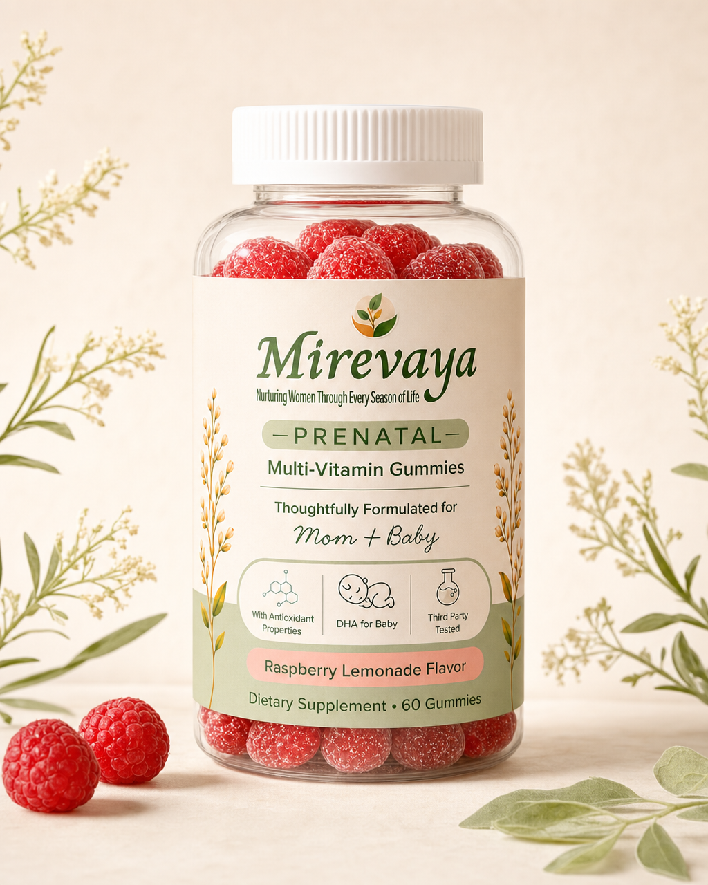 Front label view of Mirevaya prenatal multivitamin gummies