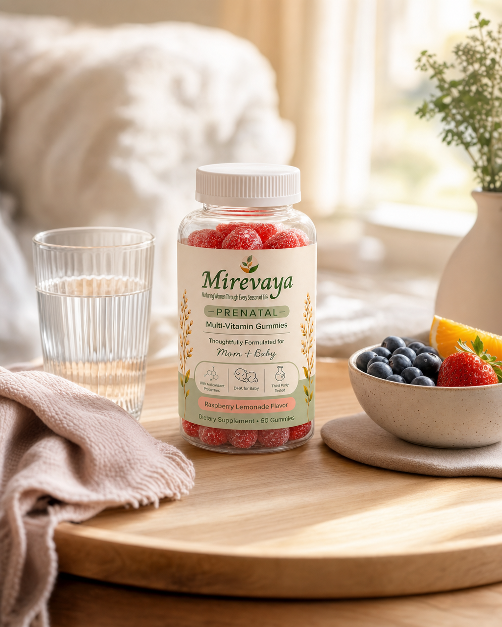 Mirevaya prenatal gummies bottle beside water and fruit in a morning routine