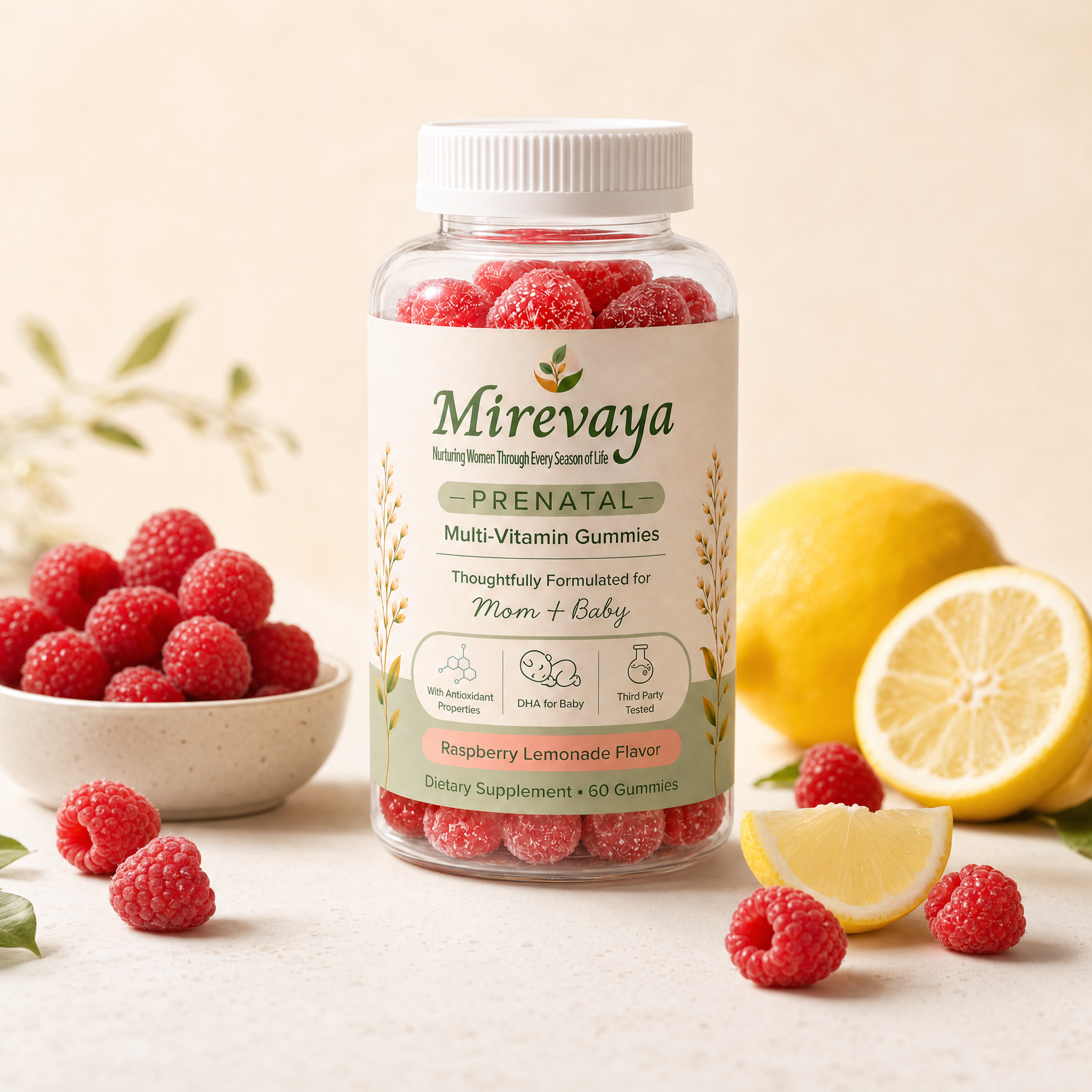 Mirevaya prenatal multivitamin gummies bottle with raspberry lemonade flavor cues